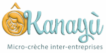 Logo Kanayù : mère tenant un bébé dans un cercle orange, texte bleu ciel "Kanayù" et slogan "Micro-crèche inter-entreprises".