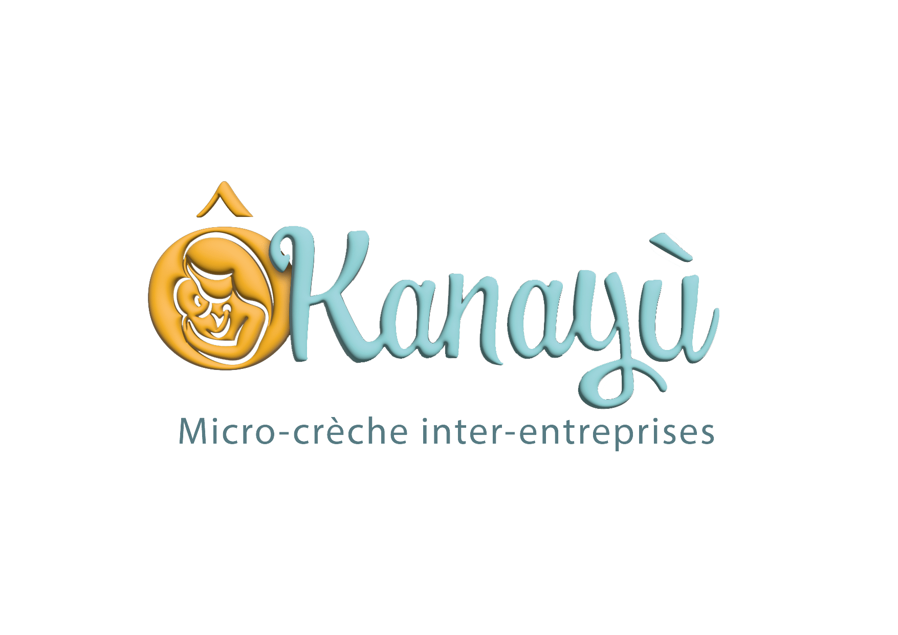 Logo Kanayù, micro-crèche inter-entreprises, avec un symbole jaune d'une mère tenant un bébé et texte bleu.